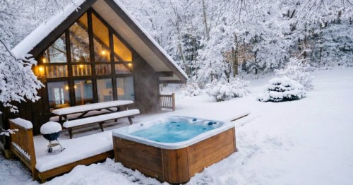 An A-frame ski chalet in the mountains, covered with snow, with an outdoor hot tub.