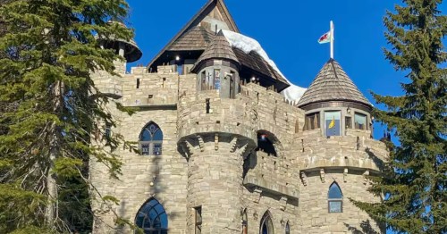 The exterior of a vacation rental that looks like a medieval castle in northern Idaho.