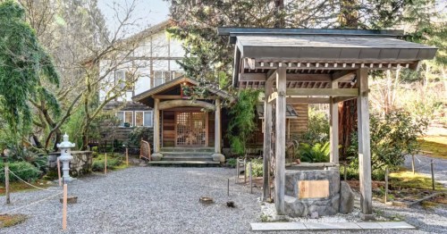 The exterior of a former Japanese shrine that has been renovated into a vacation rental in Granite Falls, Washington.