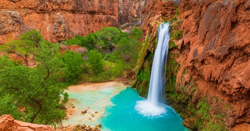 aerial shot of Havasu falls and a turquoise pool in the Grand Canyon