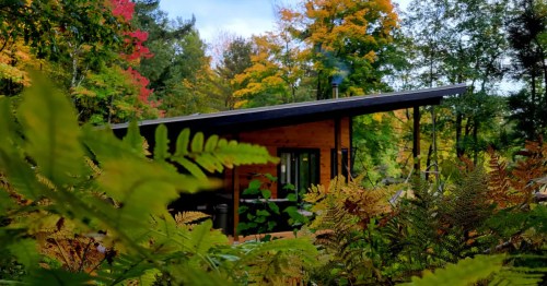 The exterior of the Hayward Haus in Hayward, Wisconsin which looks like a dupe of a cabin in Scandinavia