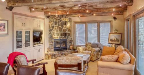 The living room of a chalet home in Lead, South Dakota, that looks like North Tyrol.