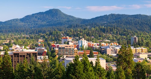 A small town is nestled firmly in the heart of a forest that creeps up the edges of mountains in the distance.