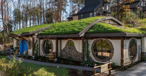 An earthen home in Tennessee with a turf roof and circular windows and doors.