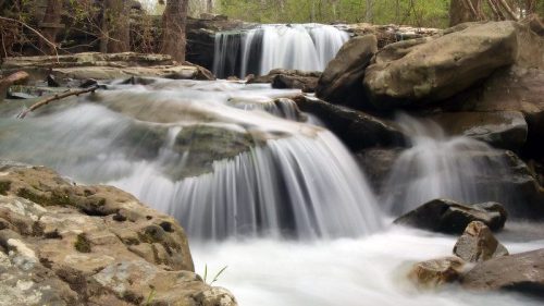 A serene waterfall cascades over rocks, surrounded by lush greenery and trees in a tranquil natural setting.