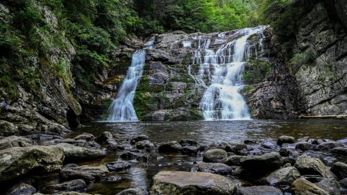 A serene waterfall cascades over rocky cliffs into a calm pool, surrounded by lush green trees.