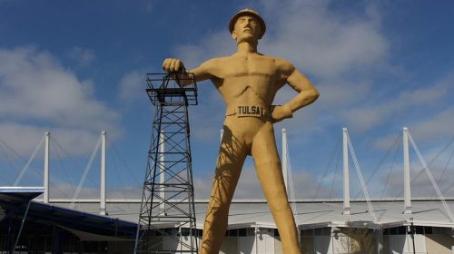 The Golden Driller is a 76-foot-tall statue in Tulsa, Oklahoma, that's a popular attraction along Route 66.