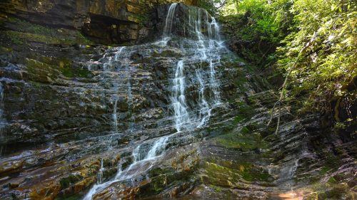 A serene waterfall cascading over rocky cliffs into a calm pool, surrounded by lush greenery.