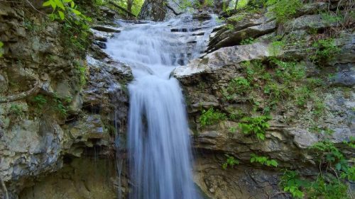 A serene waterfall cascading over rocky terrain, surrounded by lush green foliage and trees.