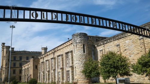 Entrance sign and Old Joliet Prison in Joliet, Illinois