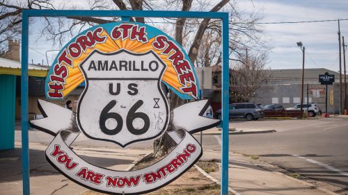 Route 66 sign welcomes visitors to Amarillo, TX.