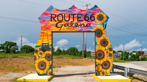 The Galena Route 66 Drive-through shield in Galena, Kansas, USA.