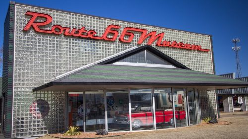 Exterior of the Route 66 Museum which has exhibits on the various decades the famous highway was the main thoroughfare through the United States.