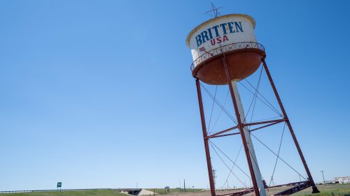 Groom, Texas - May 6, 2021: The famous Britten USA water tower, also known as the Leaning Tower of Texas, a famous Route 66 attraction