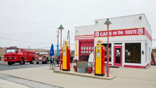 This little gas station turned shop and deli is about all that exists of Route 66 in Kansas. Located in Galena, Kansas, the property has been updated with not only Route 66 memorabilia, but props from the movie, "Cars" are on site.