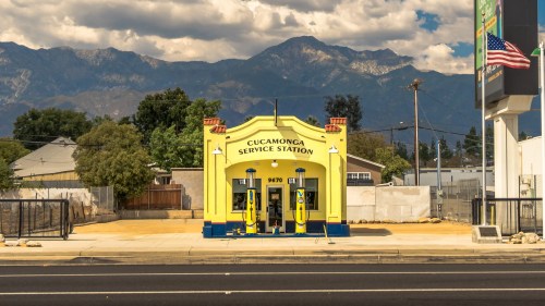Rancho Cucamonga, USA - Sep 10, 2017: Restored Historic Landmark 1915 Cucamonga Service Station viewed from across Route 66.