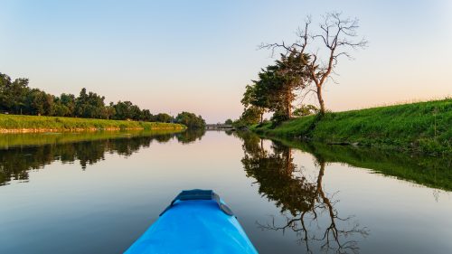 Close up shot of a blue kayak at Lake Overholser, Oklahoma