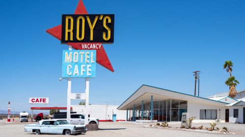 San Bernardino, California - May 14, 2023: Retro Gas station in Mojave Desert along the U.S. Route 66