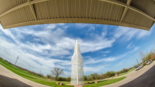 Wide angle view of a giant landmark of a soda pops monument in Arcadia, Oklahoma, along historic Route 66.