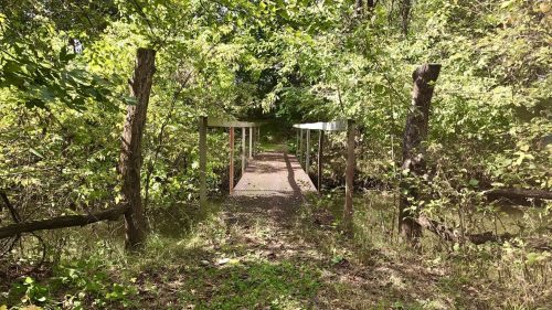 A small, rustic bridge surrounded by lush greenery and trees, leading over a gentle stream.