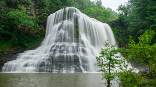 A cascading waterfall flows over rocky cliffs into a serene pool, surrounded by lush green trees and foliage.
