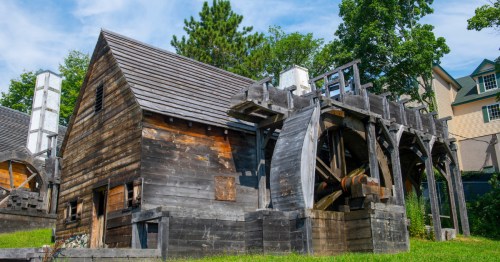 A close-up of an old mill at a historic ironworks in Saugus, MA.