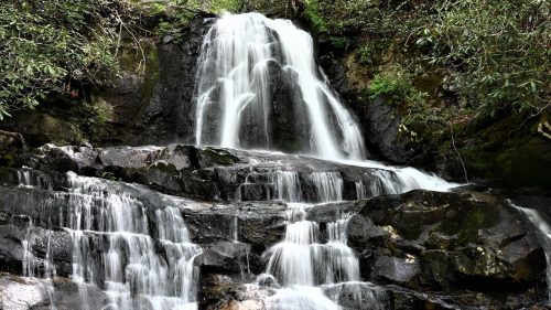 A serene waterfall cascading over rocky steps, surrounded by lush green foliage and trees.