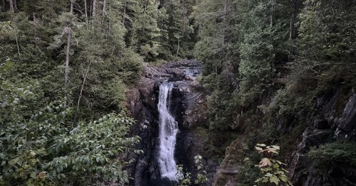 A tall, thin waterfall cascading down a rock fall surrounded by trees.