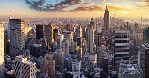 A sunset view of the New York City skyline