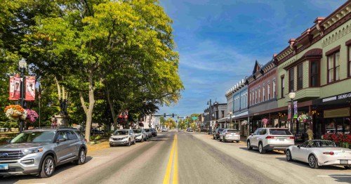 A view of the tree-lined historic district and local shops in downtown North East, PA.