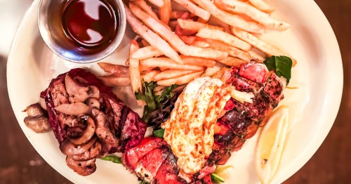 Surf and Turf dinner at Norwood Pines Supper Club in Minocqua, one of the best road trip stops in Wisconsin