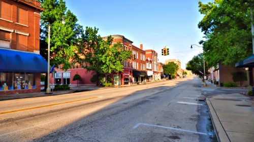 Historic downtown Sapulpa on Route 66, Oklahoma, early summer morning.