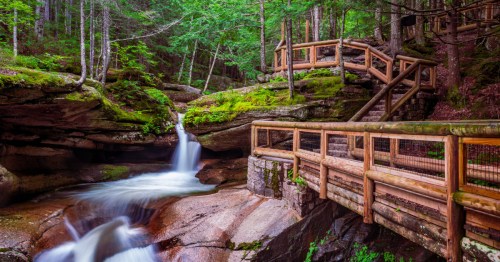 The cascading Sabbaday Falls waterfall in Albany, NH. The fall is one of the most popular waterfalls in New Hampshire.