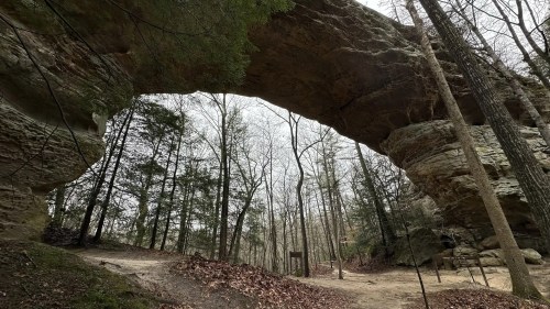 A natural stone arch surrounded by trees, with a dirt path leading through a forested area.