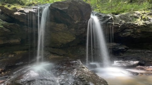 A serene waterfall cascades over rocky cliffs into a calm pool, surrounded by lush green forest.