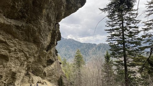 A rocky cliff with a group of people sitting below, surrounded by trees and mountains under a cloudy sky.