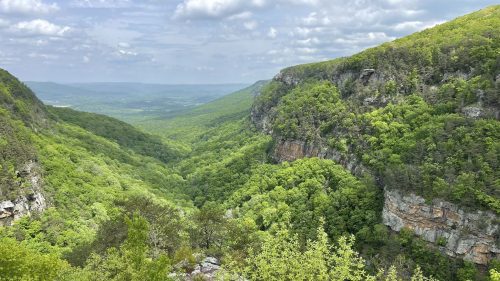 A lush green valley surrounded by steep cliffs under a partly cloudy sky, showcasing vibrant trees and distant mountains.