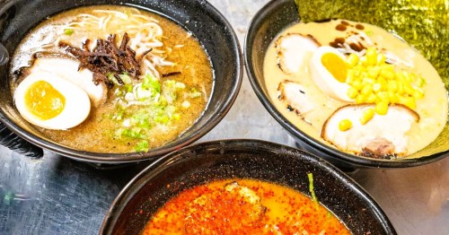 Three bowls of ramen served at Fukumimi in Las Vegas, NV, featuring different toppings, including pork, boiled eggs, green onions, and more.