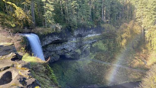 A scenic view of a waterfall cascading into a lush green canyon, surrounded by tall trees and a faint rainbow.
