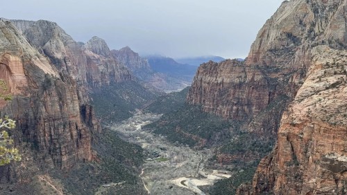 A panoramic view of Zion National Park, showcasing steep red rock cliffs and a winding river below.