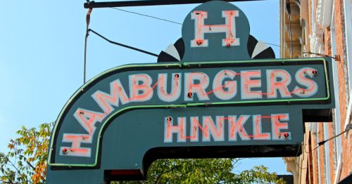 A sign for Hamburgers Hinkle in Madison, Indiana