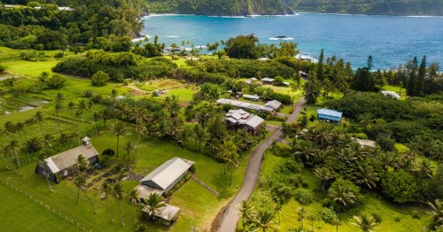 A few buildings sit spread out over wide swathes of greenery with palm trees interspersed between and one road leading down to the ocean.