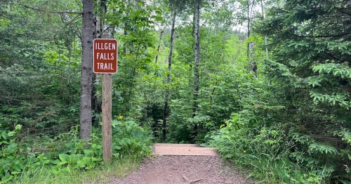 A brown wooden sign marks the start of the Illgen Falls Trail in a lush green Minnesota forest.