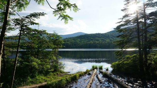 A serene lake surrounded by trees and mountains, with sunlight reflecting on the water's surface.