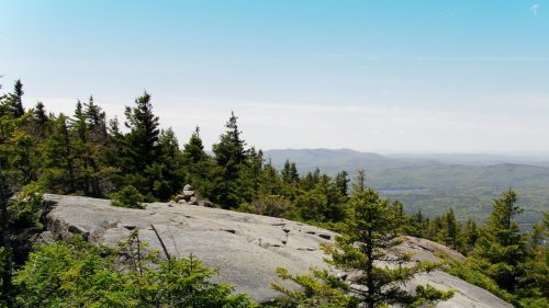 A scenic view of a rocky landscape surrounded by lush green trees and distant mountains under a clear blue sky.