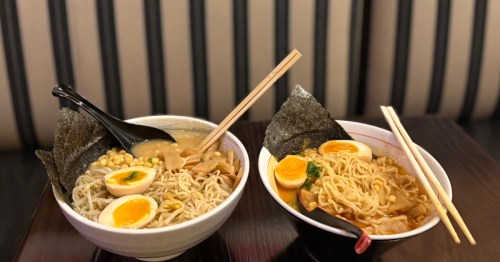 Bowls of ramen with eggs and seaweed