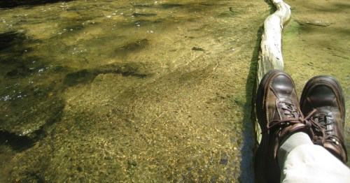 Person resting feet on a log by the clear water of Sugarcreek in Bellbrook Ohio.