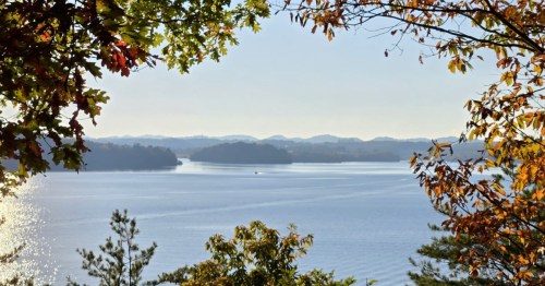 Fall leaves frame a view of the Little Tennessee river from a hiking trail in Tennessee.