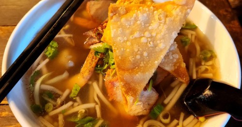 A beautiful noodle dish from Thani Bowl Noodle House in Salt Lake City, Utah, with noodles and more.