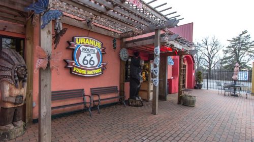 Exterior of the Uranus Fudge Factory and General Store. The quirky stop features a gift shop, museum and fudge factory and is a popular stop along Interstate 44.